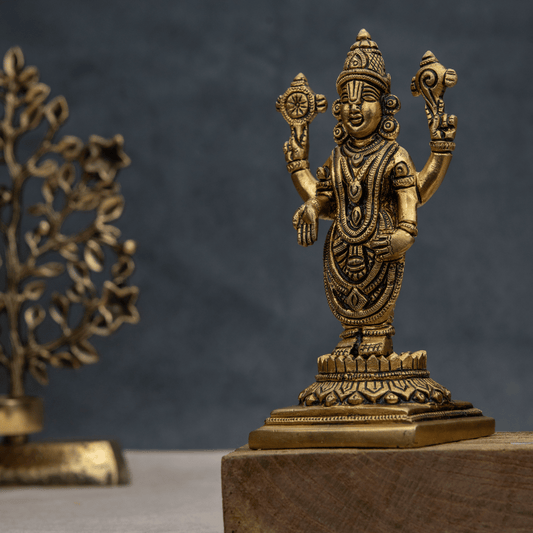 Handcrafted Brass Balaji on Flower Base – Lord Balaji Statue for Pooja