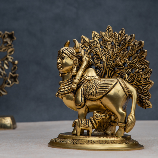 Handcrafted Brass Kaamdhenu with a Tree – Sacred Cow Idol for Abundance