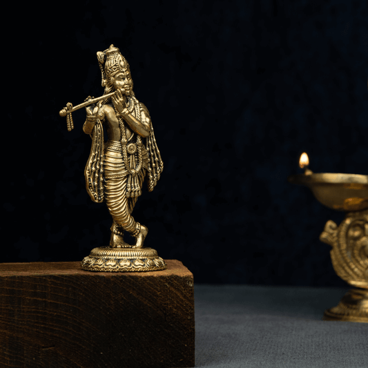 Elite Brass Krishna with Flute Idol – Lord Krishna Figurine for Devotion