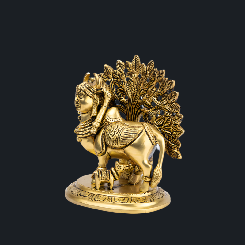 Handcrafted Brass Kaamdhenu with a Tree – Sacred Cow Idol for Abundance