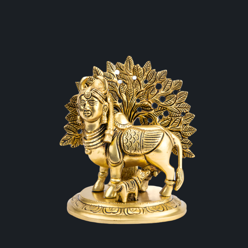 Handcrafted Brass Kaamdhenu with a Tree – Sacred Cow Idol for Abundance