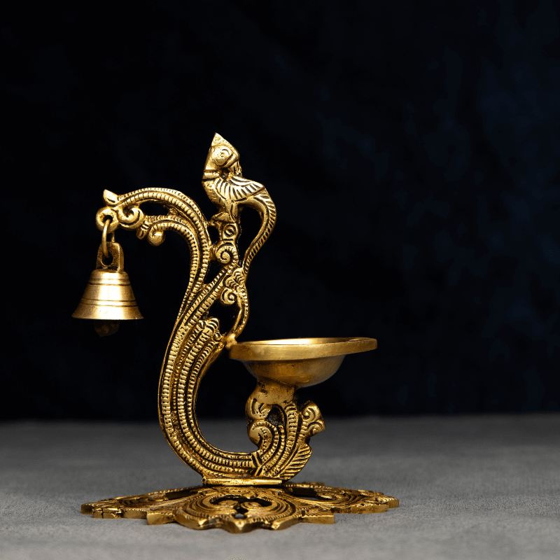 Handcrafted Brass Jaali Deepak with Bell and Ornate Base – Ornate Diya Stand with Bell