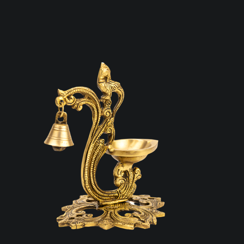 Handcrafted Brass Jaali Deepak with Bell and Ornate Base – Ornate Diya Stand with Bell