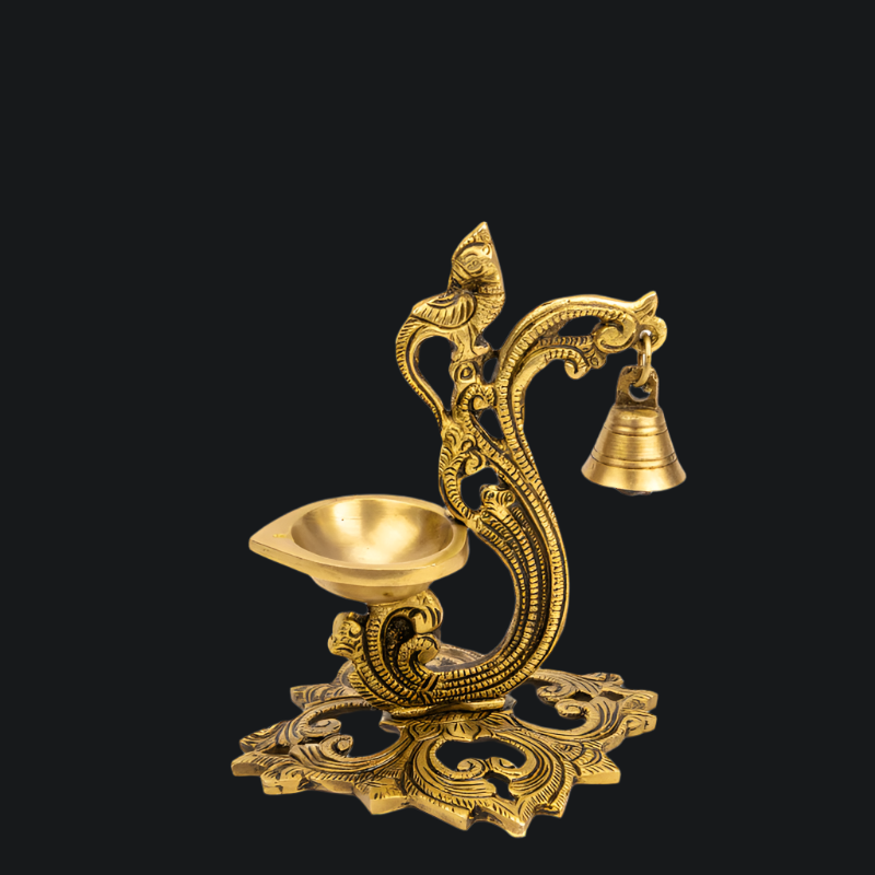 Handcrafted Brass Jaali Deepak with Bell and Ornate Base – Ornate Diya Stand with Bell