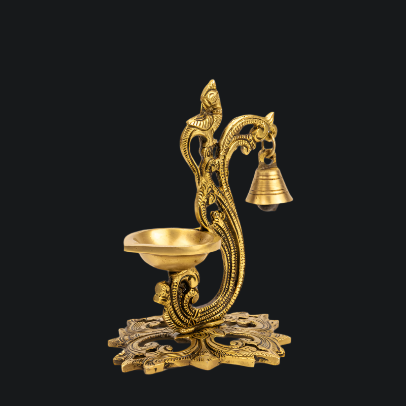 Handcrafted Brass Jaali Deepak with Bell and Ornate Base – Ornate Diya Stand with Bell