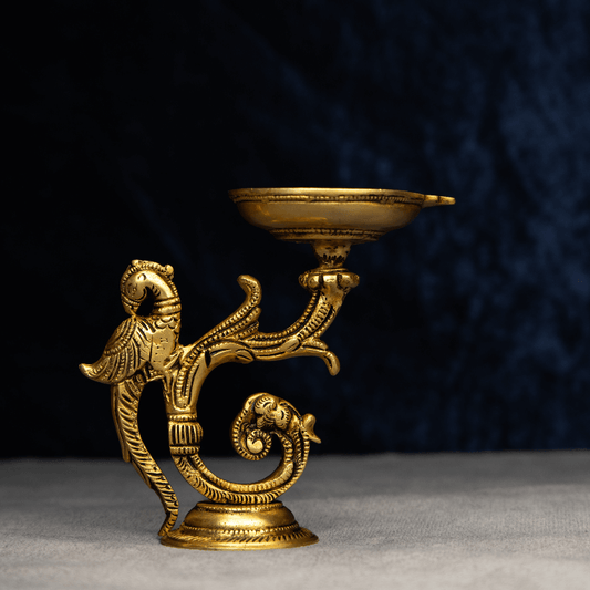 Handcrafted Brass Parrot Deepak with Stylish Curved Base – Decorative Parrot Oil Lamp