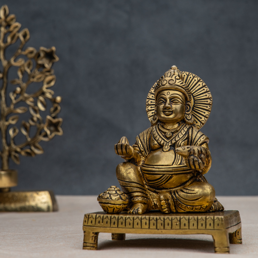 Handcrafted Brass Kuber on Chowki – Lord of Wealth Statue