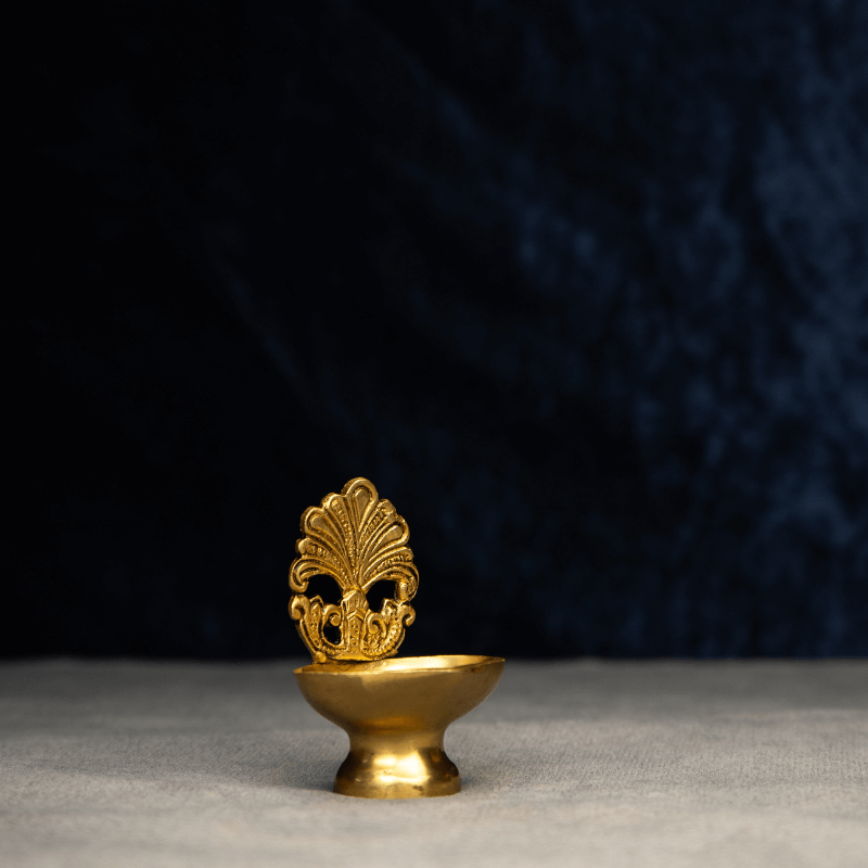 Handcrafted Brass Diya with Decorative Backrest – Minimalist Diya for Rituals