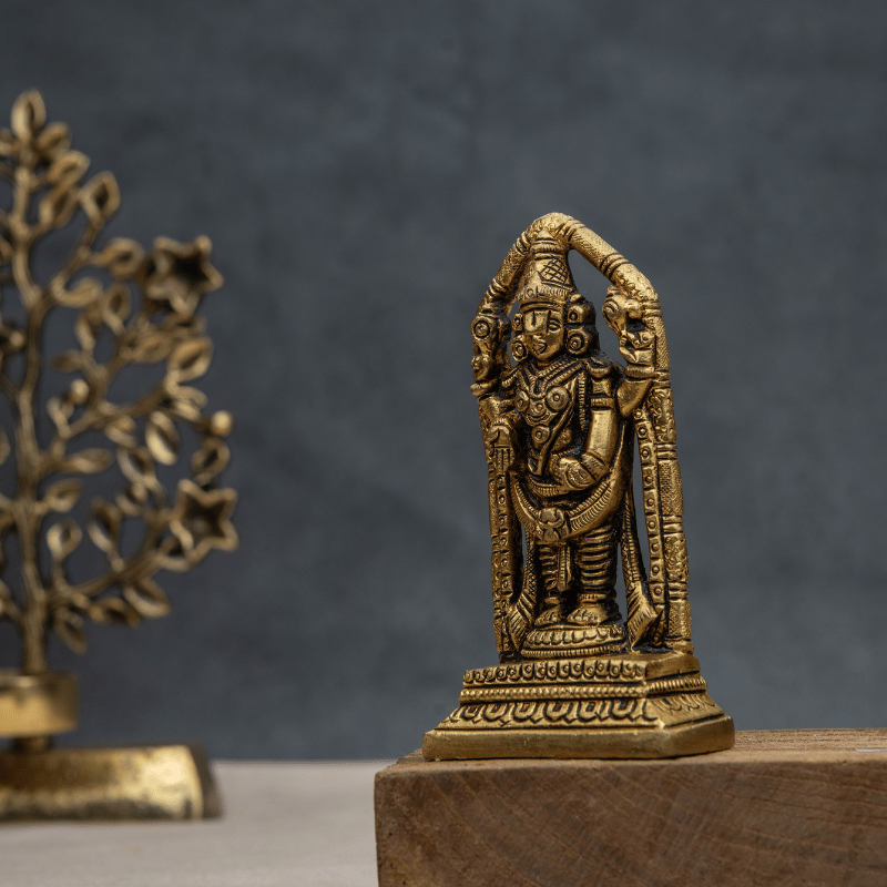 Handcrafted Brass Balaji on Stand with Rear Frame – Lord Venkateswara Sculpture