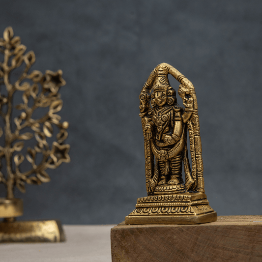 Handcrafted Brass Balaji on Stand with Rear Frame – Lord Venkateswara Sculpture