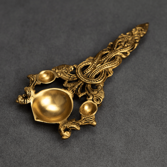 Handcrafted Brass Spoon Diya with Straight Spoon – Traditional Diya for Pooja Ceremonies
