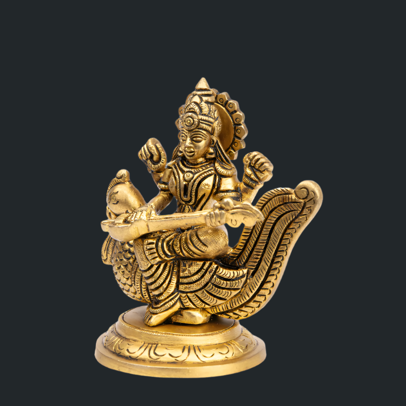 Handcrafted Brass Saraswati Maa on Swan – Goddess of Knowledge Idol
