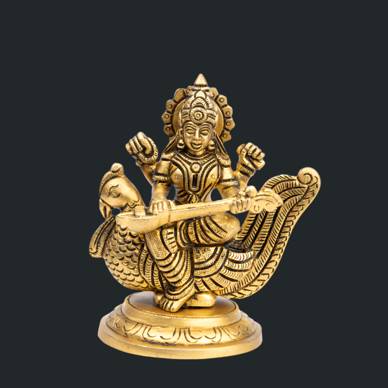 Handcrafted Brass Saraswati Maa on Swan – Goddess of Knowledge Idol