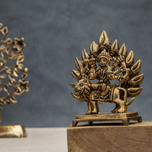Handcrafted Brass Durga Maa with Lion on Chowki – Majestic Durga Idol for Worship