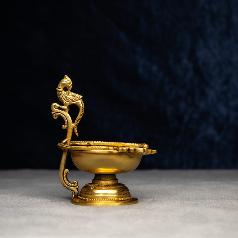Handcrafted Brass Parrot Deepak with Large Round Bowl Deepak – Traditional Parrot Oil Lamp