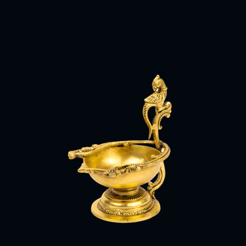 Handcrafted Brass Parrot Deepak with Large Round Bowl Deepak – Traditional Parrot Oil Lamp