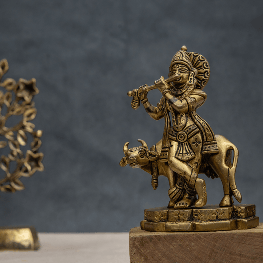 Handcrafted Brass Krishna with Cow – Krishna Idol with Sacred Cow