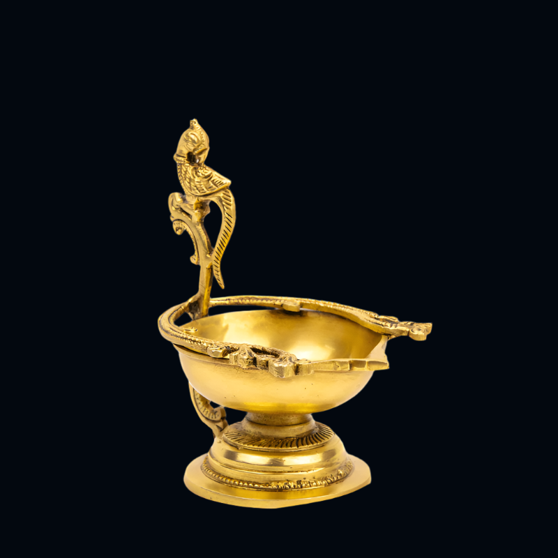 Handcrafted Brass Parrot Deepak with Large Round Bowl Deepak – Traditional Parrot Oil Lamp