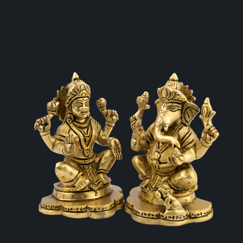 Handcrafted Brass Lakshmi Ganesha Set with Flat Base – Auspicious Pair for Wealth and Prosperity