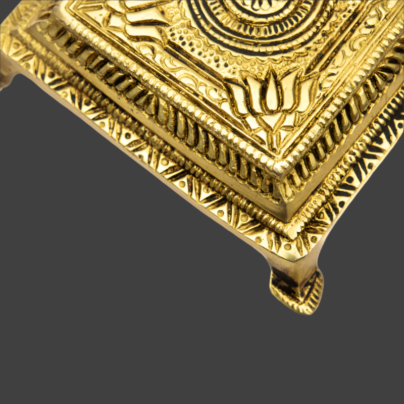 Handcrafted Brass Square Pooja Chowki with Chakra and Flower Design – Great for Pooja and Home Use