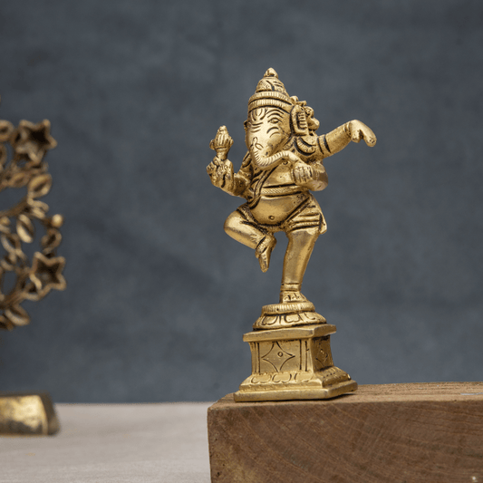 Handcrafted Brass Dancing Ganesha on Square Base – Ganesha in Dancing Pose