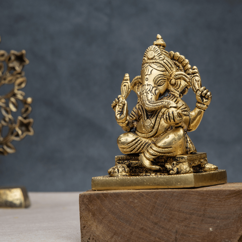 Handcrafted Brass Ganesha with Flat Base – Stable Design Ganesha Idol