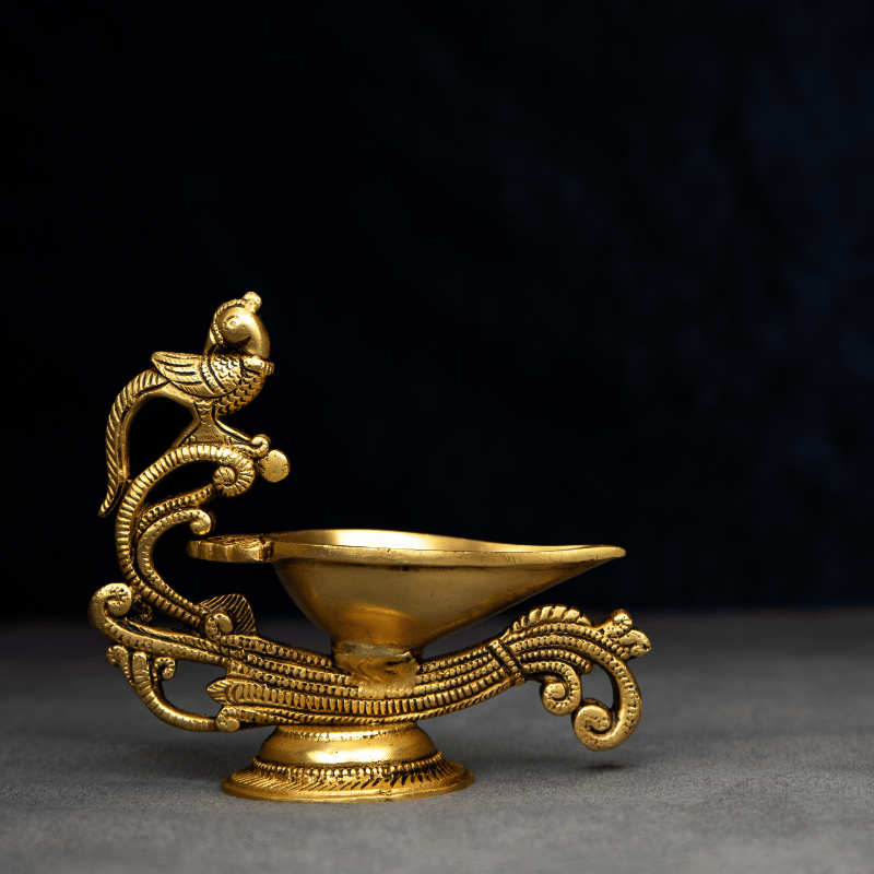 Handcrafted Brass Parrot Deepak with Curved Handle – Traditional Parrot Oil Lamp