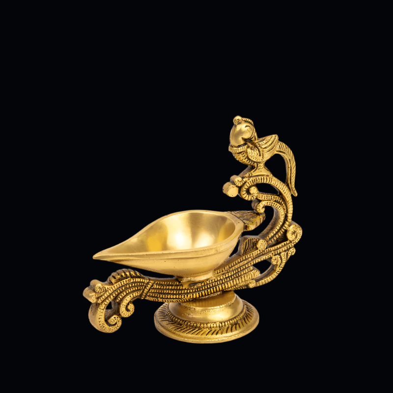 Handcrafted Brass Parrot Deepak with Curved Handle – Traditional Parrot Oil Lamp