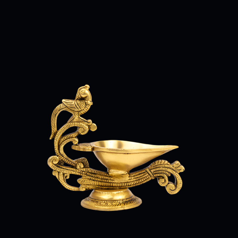 Handcrafted Brass Parrot Deepak with Curved Handle – Traditional Parrot Oil Lamp