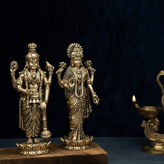 Elite Brass Lotus Standing Lakshmi Vishnu Idol – For Wealth and Harmony