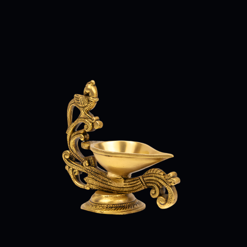 Handcrafted Brass Parrot Deepak with Curved Handle – Traditional Parrot Oil Lamp