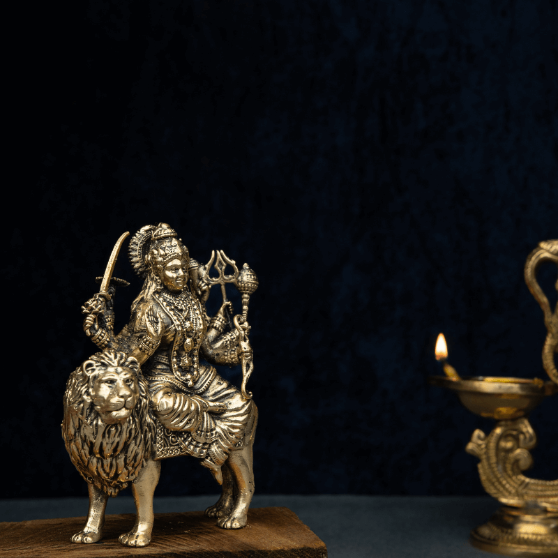 Elite Brass Maa Durga Sitting on a Lion – Fierce Goddess for Strength and Protection