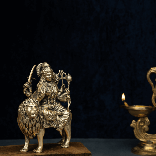 Elite Brass Maa Durga Sitting on a Lion – Fierce Goddess for Strength and Protection