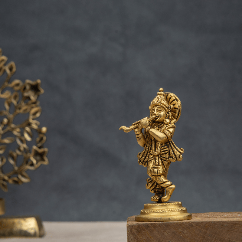 Handcrafted Brass Krishna Standing with Flute – Lord Krishna with Flute Sculpture