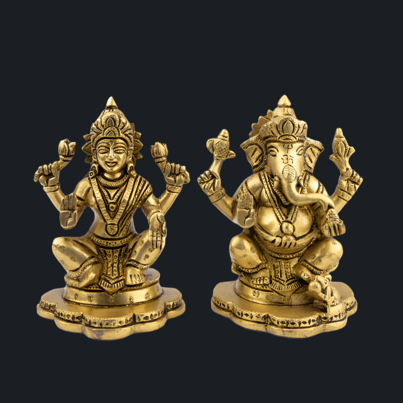 Handcrafted Brass Lakshmi Ganesha Set with Flat Base – Auspicious Pair for Wealth and Prosperity