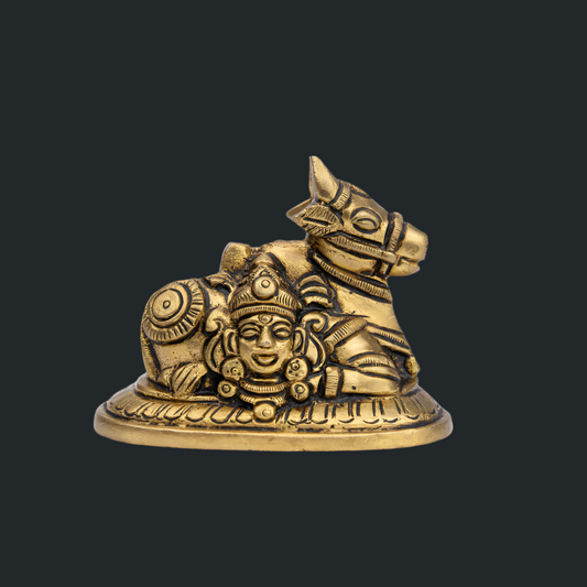 Handcrafted Brass Nandi with Kal Bhairav's Face – Sacred Bull of Shiva Idol