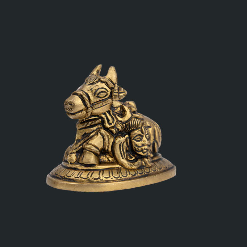 Handcrafted Brass Nandi with Kal Bhairav's Face – Sacred Bull of Shiva Idol