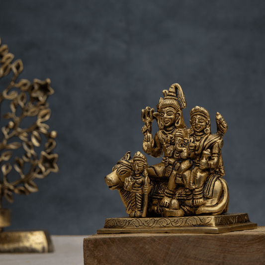 Handcrafted Brass Shiv Parivar with Nandi and with Kartikeya Standing – Shiva Family Statue for Blessings