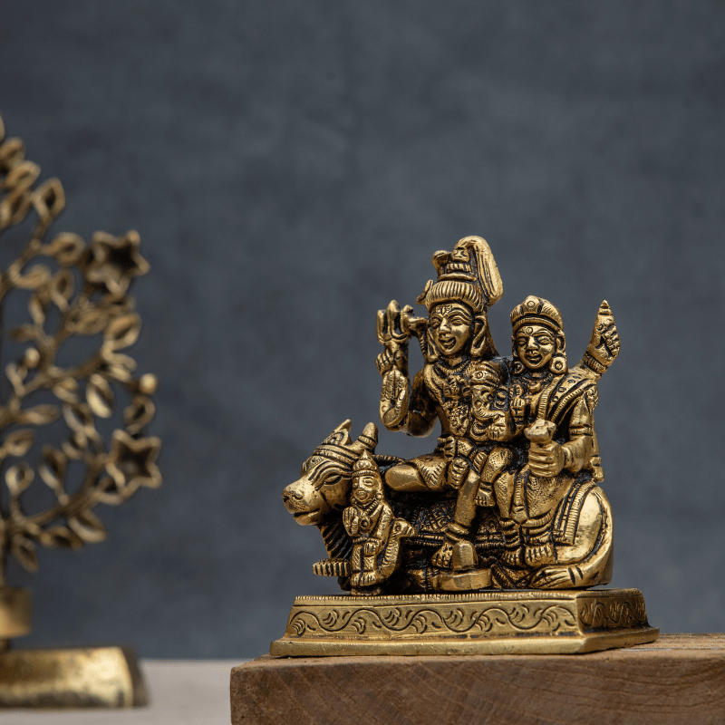 Handcrafted Brass Shiv Parivar with Nandi and with Kartikeya Sitting – Sacred Shiva Family Idol