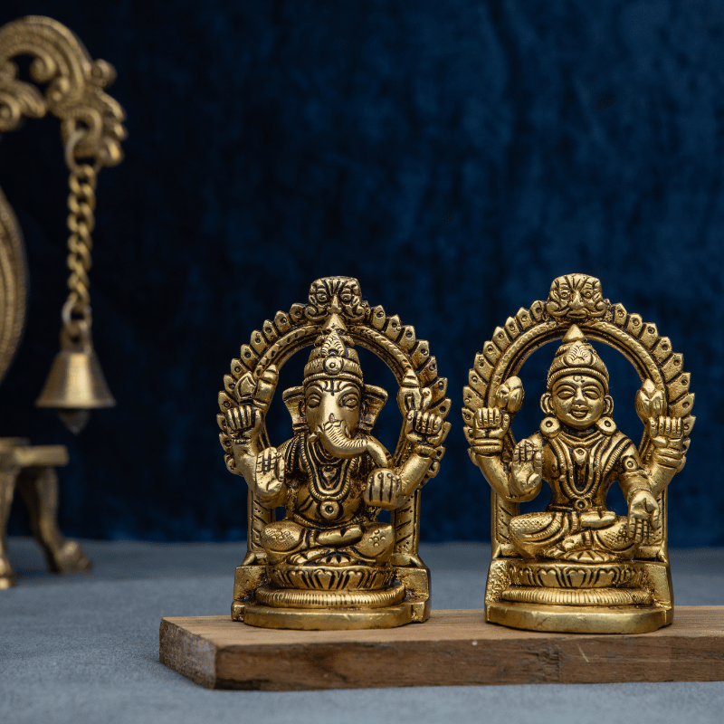 Handcrafted Brass Lakshmi Ganesha with Rear Frame – Symbol of Fortune and Enlightenment