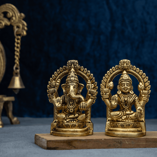 Handcrafted Brass Lakshmi Ganesha with Rear Frame – Symbol of Fortune and Enlightenment
