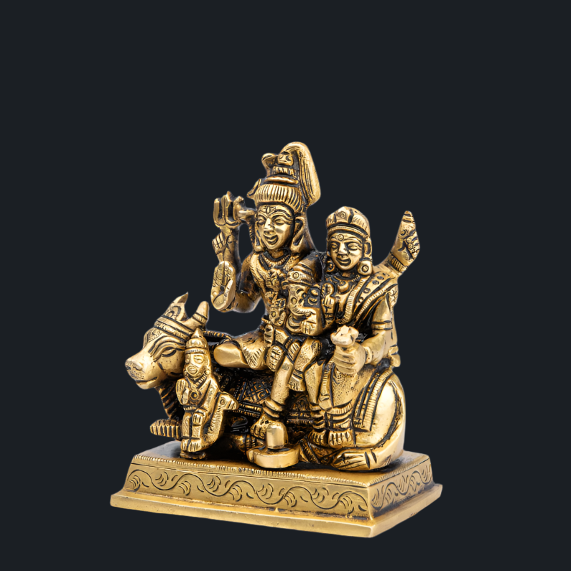 Handcrafted Brass Shiv Parivar with Nandi and with Kartikeya Sitting – Sacred Shiva Family Idol