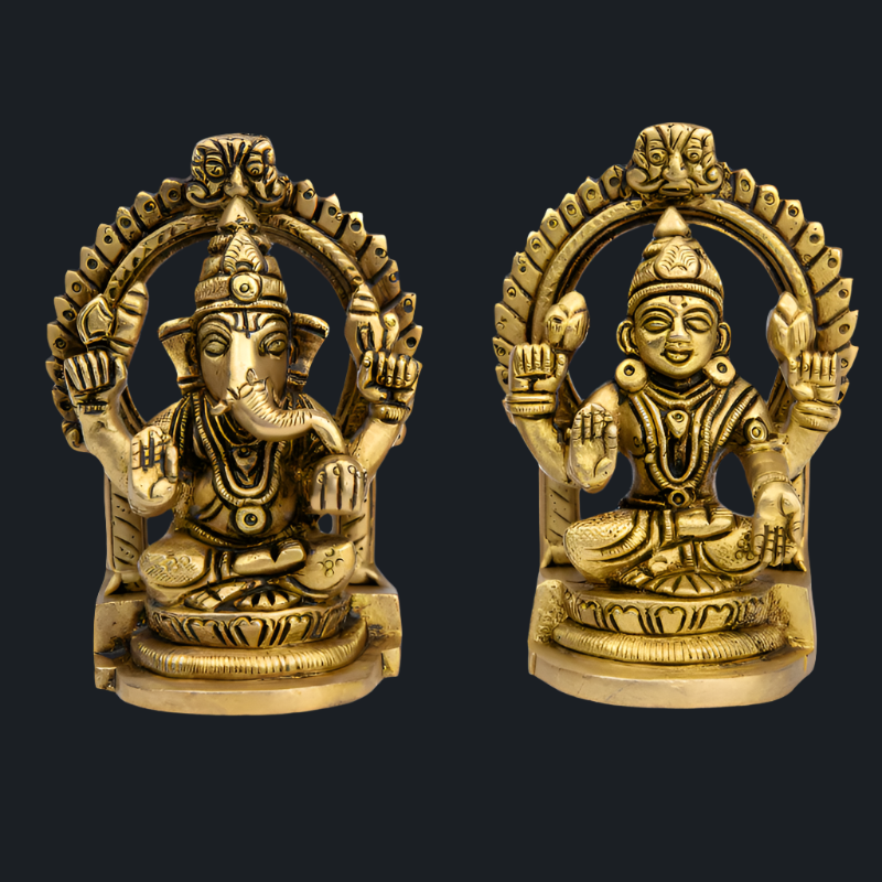Handcrafted Brass Lakshmi Ganesha with Rear Frame – Symbol of Fortune and Enlightenment