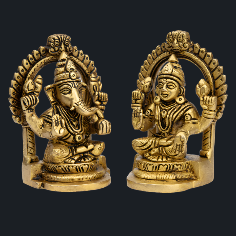 Handcrafted Brass Lakshmi Ganesha with Rear Frame – Symbol of Fortune and Enlightenment