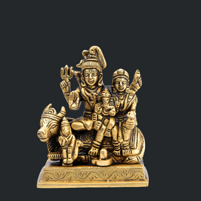 Handcrafted Brass Shiv Parivar with Nandi and with Kartikeya Sitting – Sacred Shiva Family Idol