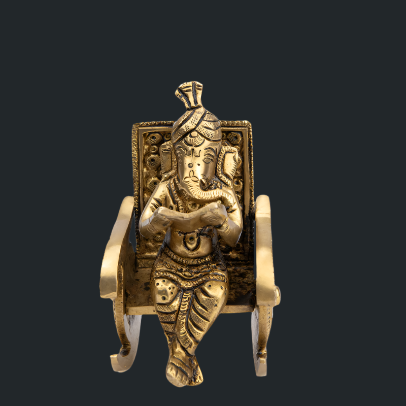 Handcrafted Brass Ganesha on Rocking Chair Reading a Book – Seated Ganesha Idol