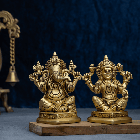 Handcrafted Brass Lakshmi Ganesha with Pointed Base – Auspicious Statue for Home and Office