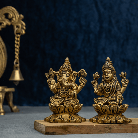 Handcrafted Brass Lakshmi Ganesha on Lotus Base (9cm) – Wealth and Wisdom Pair Idol