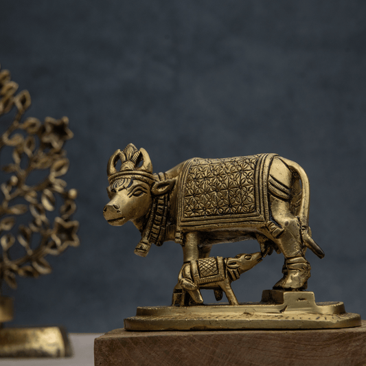 Handcrafted Brass Kaamdhenu with Flat Base – Sacred Cow Idol for Devotion