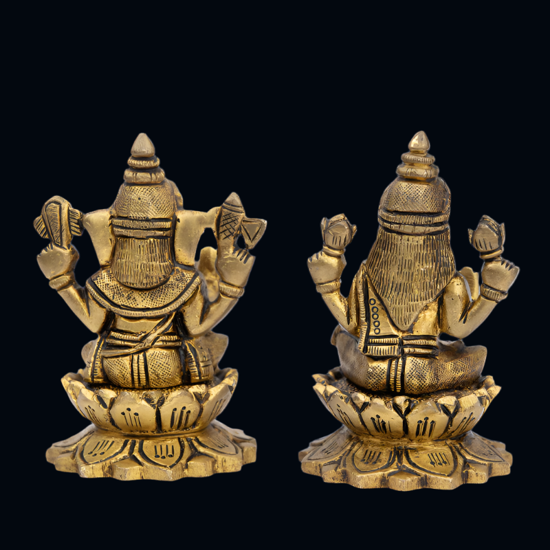 Handcrafted Brass Lakshmi Ganesha on Lotus Base (9cm) – Wealth and Wisdom Pair Idol